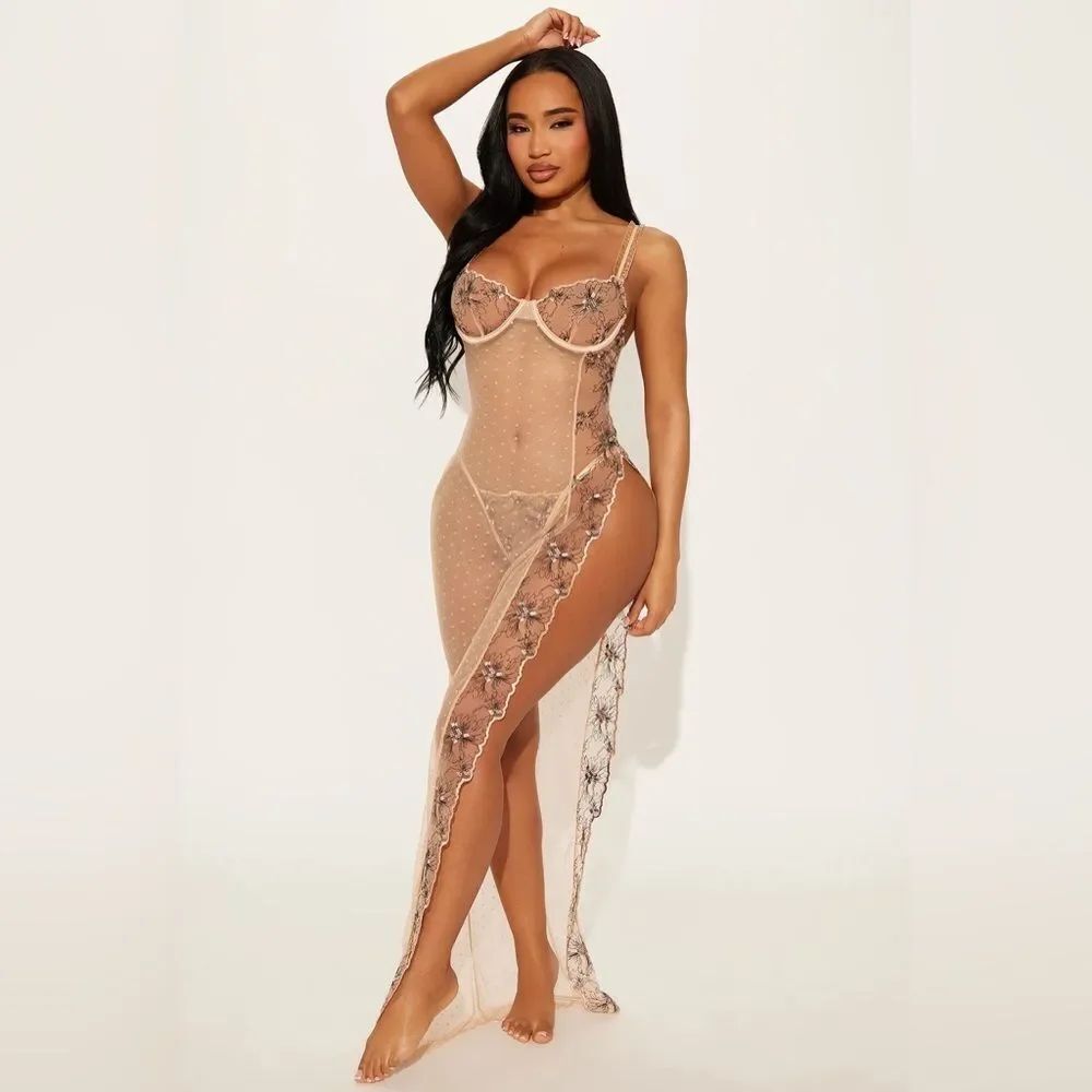 Buy Me Flowers Embroidered Mesh Gown and Panty - Peach